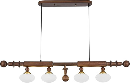 Wood and Globe Linear Chandelier Wooden Farmhouse Dining Room Light Fixture Rustic 4-Light Linear Kitchen Island Lighting Mid Century Modern Globe Hanging Pendant Light with Milk Glass Lampshade