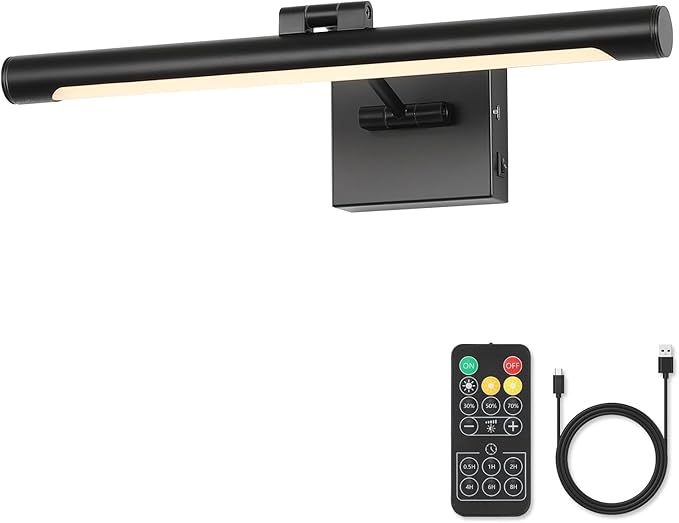 Joosenhouse Battery Operated Picture Light Rechargeable Art Light Wireless Gallery Light with Remote Control and Timed Dimmable with Single Swing Arm 16.54 Inch Warm White Black