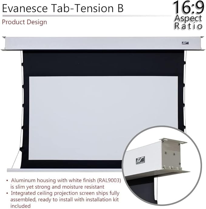 Elite Screens Evanesce Tab-Tension B, 92-inch 16:9, 4K / 8K HD, Recessed in-Ceiling Electric Tab Tensioned Projector Screen, Matte White Projection Screen Surface Programmed Remote Kit, ETB92HW3-E12