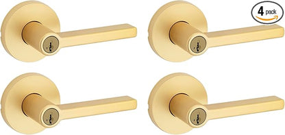 Kwikset Halifax Entry Door Handle with Lock and Key, Secure Keyed Reversible Lever Exterior, for Front Entrance and Bedrooms, Satin Brass, 4 Pack, Pick Resistant SmartKey Rekey Security
