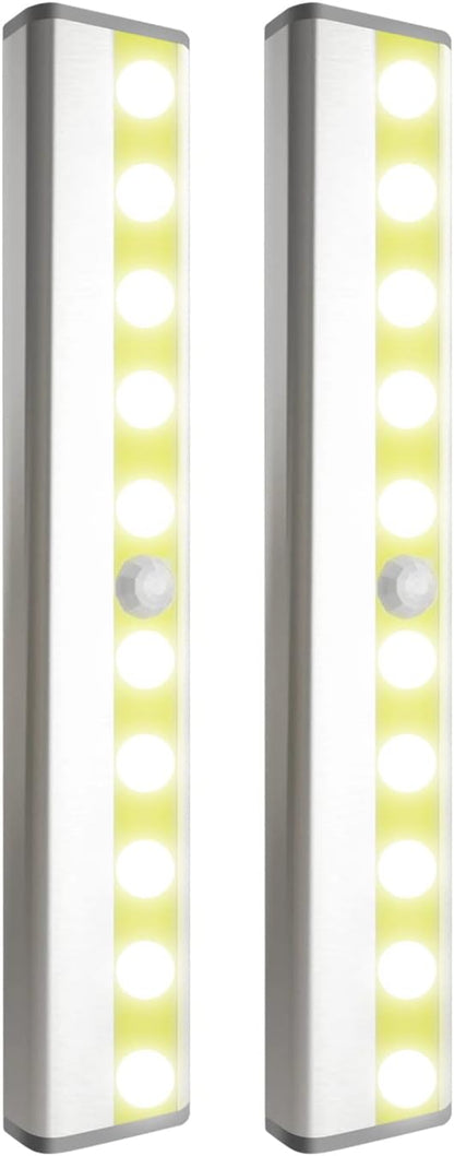 Motion Sensor Closet Lights, LED Cordless Under Cabinet Lighting, Wireless Stick-on Anywhere Battery Operated 10 LED Motion Sensor Night Light, Safe Lights for Cabinet Wardrobe Stairs (2 Packs)