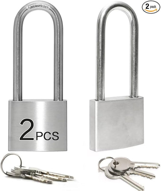LanuBe 304 Stainless Steel Keyed Alike Padlocks for Outdoor use, Pin Tumbler Padlock, 2 inch Wide Body, Stainless Steel Body Long Shackle, Pack of 2