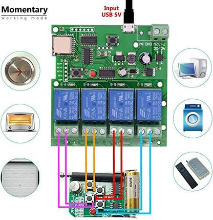 WiFi Wireless Inching Relay Monentary/Self-Locking Switch Module DIY Smart Home Remote Control DC 5-32V AC90-260V Ewelink App iOS/Andriod Compatible with Alexa Echo Google Home IFTTT (DC4)