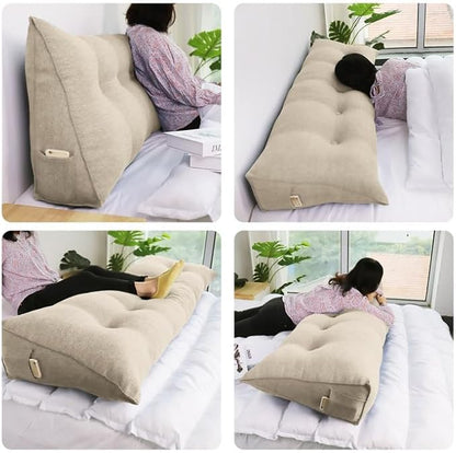 WOWMAX Wedge Pillow Headboard Dorm Headboard Twin XL Bed Bolster Pillow for Bed with Removable Cover, 85% Linen 15% Cotton Blend, Natural Color