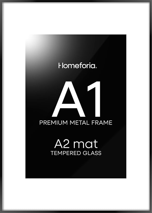 Homeforia Picture Frame A1 Black, High End Metal 23.4 x 33.1 inch Large Picture Frames with Mat 16.5 by 23.4 for Photo, A1 Size Frames Matted to A2 Print, 23.4x33.1 Thin Frame, Tempered Glass, Set of 1