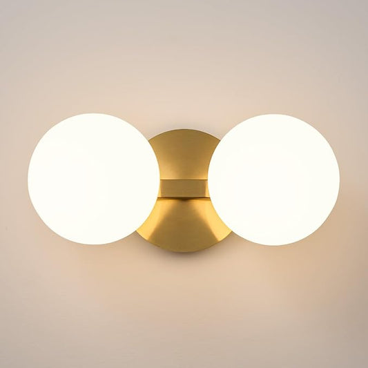 Gold Bathroom Vanity Light Fixtures: Modern Wall Scones With 2 Milk Glass Shades - Globe Makeup Lighting Fixture over Mirror - Brass Ball Powder Room Vanities Lights for Hallway Bedroom Bulbs Excluded