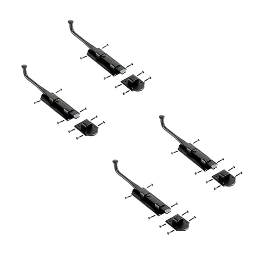 Renovators Supply Manufacturing Black Slide Bolt Door Latch 9 in. Long Black Iron Metal Sliding Bolts with Catch for Cabinet, Barn Doors Or Fence Rust Resistant Security Locks with Hardware Pack of 4