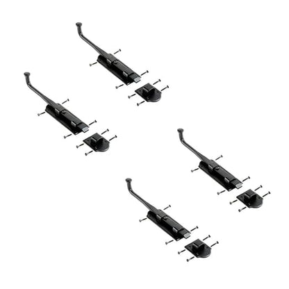 Renovators Supply Manufacturing Black Slide Bolt Door Latch 9 in. Long Black Iron Metal Sliding Bolts with Catch for Cabinet, Barn Doors Or Fence Rust Resistant Security Locks with Hardware Pack of 4