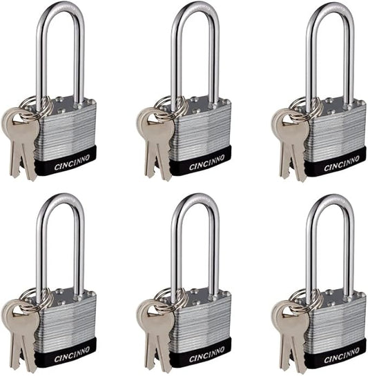 Laminated Steel Padlock with Key，6 Pack Keyed Alike Padlocks with Long Shackle