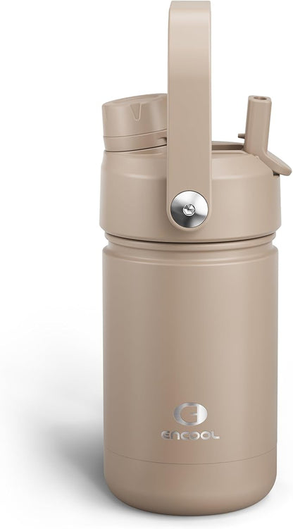 Kids Insualated Water Bottle with Straw - 12oz Stainless Steel Water Bottle with Dual Spouts, Leak-Proof, BPA-Free, Double Wall Vacuum Keeps Cold for 24 Hours for Sports, Travel, School (Raw Umber)