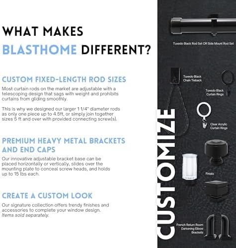BlastHome® Non-Adjustable Luxury Extra Long Curtain Rod, 1 ¼” Rod Set, 18 foot Fixed Length (Four Rods Connect for a Seamless Look), Tuxedo Black