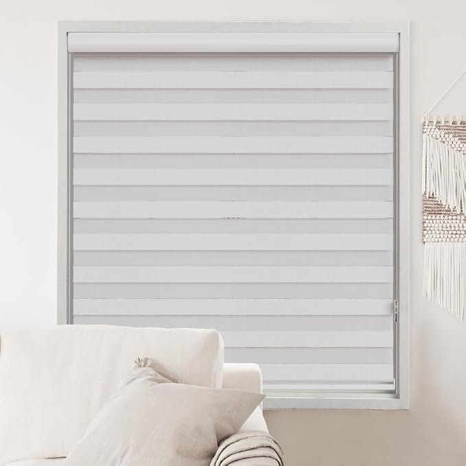 Shadesu Custom Size Zebra Blinds for Windows, 53" W x 72 H, White, Dual Layer Free-Stop Zebra Shades, Light Control for Day and Night, Sheer Blinds for Indoor Windows, Bedroom, Kitchen