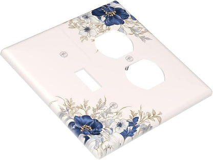 Decorative Outlet Covers Rustic Blue Beige Flower Peony Floral 2 Gang Light Switch Cover Plate Single Toggle Duplex Wall Plates for Electrical Outlets Switch Plate Covers for Bedroom Decor