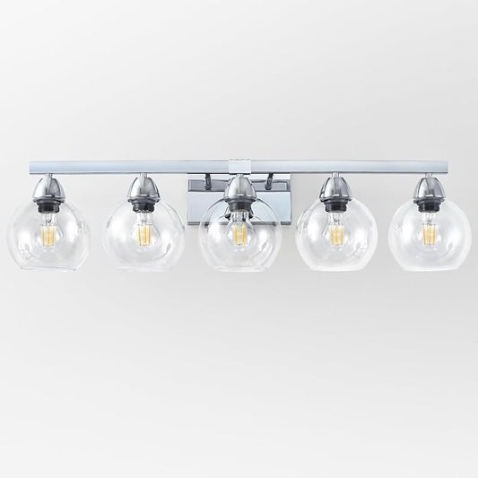 5-Light Bathroom Light Fixtures, Silver Vanity Light with Ultra-Clear Hand-Blown Glass, Durable & Elegant, Wall Lamp for Mirror, Bedroom, Kitchen