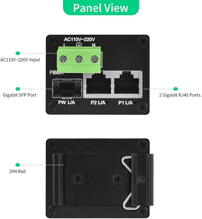 3 Port Industrial Ethernet Switch Unmanaged 2 x 10/100/1000M RJ45 Copper Ports with 1 Gigabit SFP Fiber Uplink Slot Wide Temperature Range Plug and Play Commercial/Industrial Network Solution