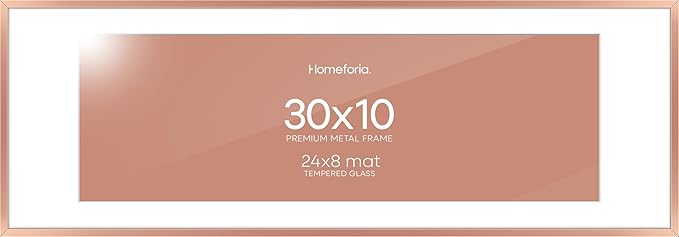 Homeforia 10x30 Rose Gold Picture Frame, High End Metal 10by30 Poster Frames with Mat 8x24 Photo, 10 x 30 Rose Frames Matted to 8 x 24 Print, 30x10 Panoramic Frames, Tempered Glass, Wall Kit, Set of 1