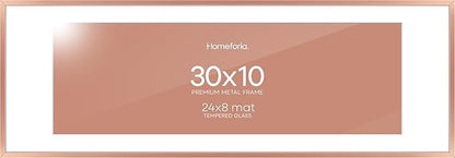 Homeforia 10x30 Rose Gold Picture Frame, High End Metal 10by30 Poster Frames with Mat 8x24 Photo, 10 x 30 Rose Frames Matted to 8 x 24 Print, 30x10 Panoramic Frames, Tempered Glass, Wall Kit, Set of 1