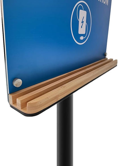 Steady Floor Stand Public Cell Phone Charging Station with 8 Ports High Speed Cables, Multi-Device Charging Shelf with Bamboo Tray, Application for Schools, Office, Business,Events