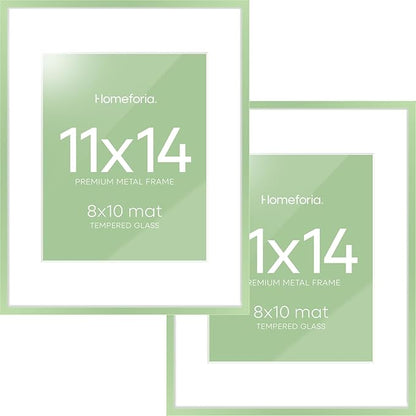 Homeforia 11x14 Picture Frame Sage Green, High End Metal 11x14 Wall Hanging Frame with Mat 8x10, 11 x 14 Poster Frame Matted to 8 x 10 inch Photo, 14x11 Thin Frames, Tempered Glass, Wall Kit, Set of 2