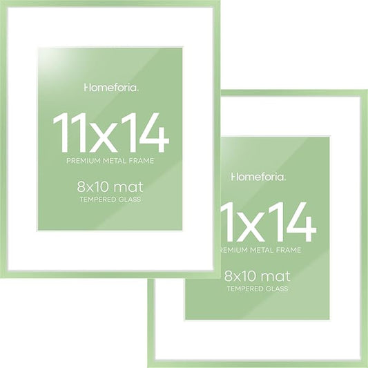 Homeforia 11x14 Picture Frame Sage Green, High End Metal 11x14 Wall Hanging Frame with Mat 8x10, 11 x 14 Poster Frame Matted to 8 x 10 inch Photo, 14x11 Thin Frames, Tempered Glass, Wall Kit, Set of 2
