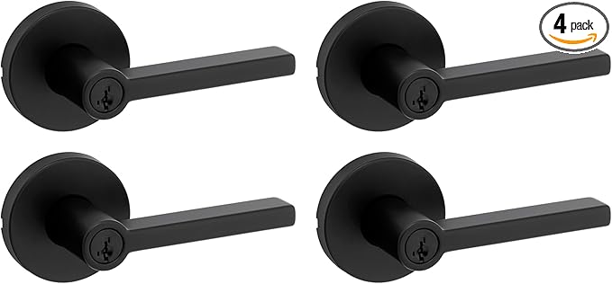 Kwikset Halifax Entry Door Handle with Lock and Key, Secure Keyed Reversible Lever Exterior, for Front Entrance and Bedrooms, Matte Black, 4 Pack, Pick Resistant SmartKey Rekey Security and Microban