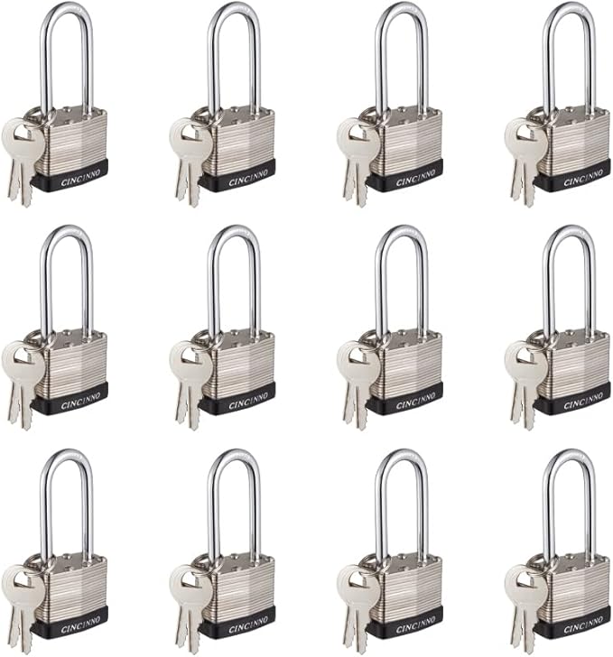 40mm Keyed Alike Nickel Plated Laminated Steel Padlock, 1-9/16" Wide Body 2-inch Long Shackle Padlocks with Keys Pack of 12