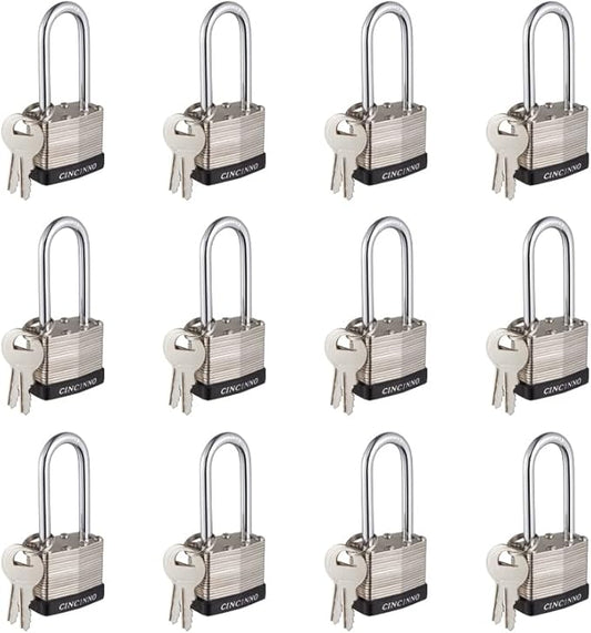 40mm Keyed Alike Nickel Plated Laminated Steel Padlock, 1-9/16" Wide Body 2-inch Long Shackle Padlocks with Keys Pack of 12