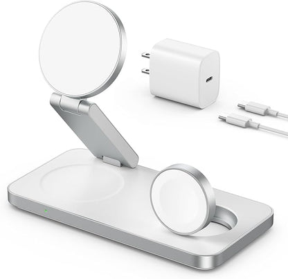 VBA 3 in 1 Wireless Charging Station for Apple MagSafe Charger,Foldable Fast Charging Magnetic Wireless Charger Stand,Travel Charger for iPhone 17 Air 16 15 14 13 12,Apple Watch,AirPods Pro(White)