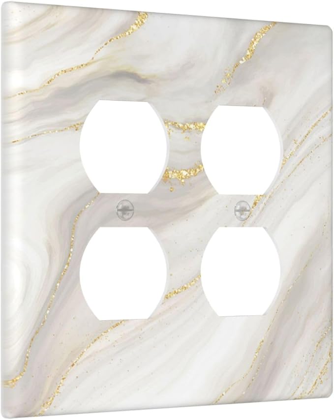 White Grey Gold Marble Simple Tiles Outlet Covers 2 Gang Double Duplex Decorative Light Switch Covers Electrical Wallplates Socket Faceplate for Bathroom Kitchen Decor