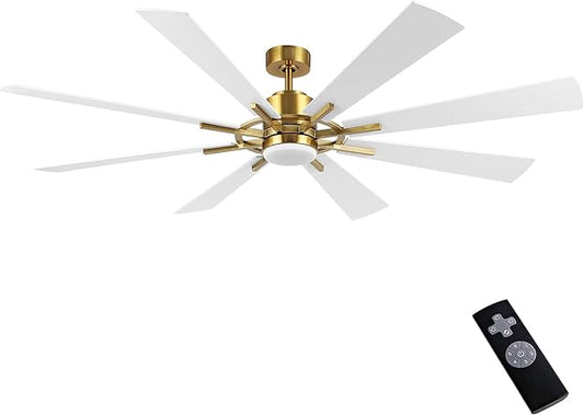 WINGBO 60" DC Ceiling Fan with Lights and Remote Control, Gold and White Ceiling Fan, 8 Plywood Blades, 6-Speed Reversible DC Motor, Modern Ceiling Fans Indoor for Kitchen Bedroom Living Room