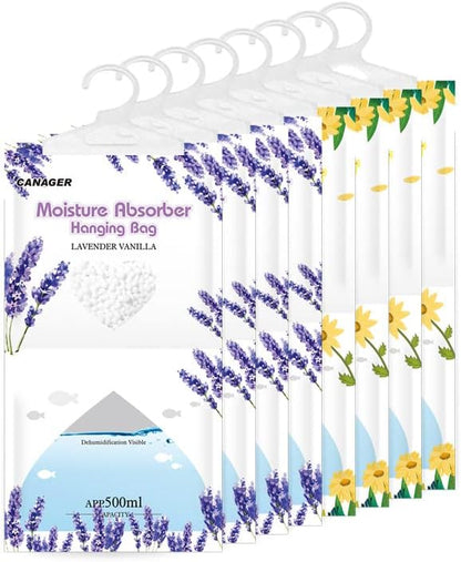 CANAGER Hanging Moisture Absorber, Fresh Scent and Lavender Vanilla Moistureproof Hanging Bag，Dehumidifier Bag (8 packs) Hanging Closet Dehumidifier Bags, Moisture Absorb 12.5 oz