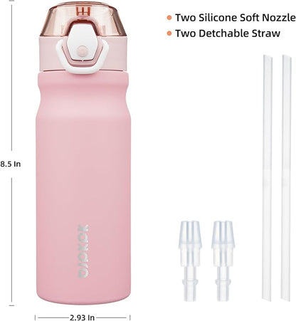 BJPKPK Water Bottle with Straw 18oz Insulated Water Bottles Reusable Stainless Steel Metal Thermal Flask with Leak Proof Lockable Lid and Carry Handle,Light Pink