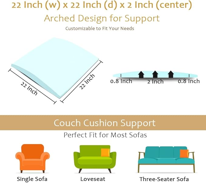 Couch Cushion Supports for Sagging Seat 22'' x 22'' High Density 40D Curved Foam Sofa Cushion Support Under The Saggy Pads Firmer Foam Lifters for Saggy Couch Set of 3 (Blue, 22''*22'')