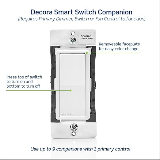 Leviton Decora Smart Switch Companion for Multi-Location Switching (Not for stand-alone use), 120VAC, 60Hz DD0SR-1RM, White, Light Almond