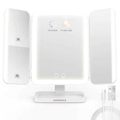 EASEHOLD Makeup Mirror with Lights, Rechargable Lighted Vanity Mirror with 116 LEDs, 1X/2X/3X Magnifying, 3-Color Mirror with LED Lights,5000 mAh Lighted Makeup Mirror, Adjustable Brightness/Angle