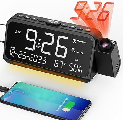 Mesqool Projection Alarm Clock for Bedroom, Digital Clock with Projection on Ceiling with Night Light, Date, Temperature, Humidity, Type-C USB Charger, Snooze, Dual Alarms, Dimmer,12/24H
