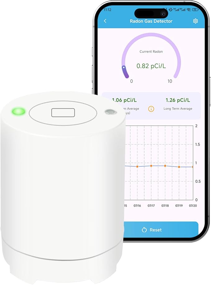 Bluetooth Radon Detector for Home, High-Precision Sensor, Real-Time Radon Gas Monitoring, Short & Long-Term Data with Trend Charts, App Control, Rechargeable Battery, LED Alerts