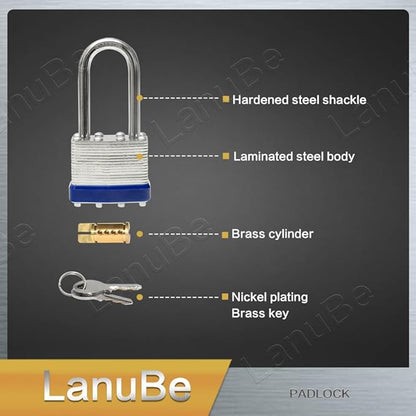 LanuBe Laminated Padlock 1-9/16inch (40mm) Long Shackle 2 Pack Keyed Alike, Blue Plastic Hoop, Bulk Locks for Warehouse, School