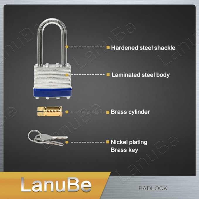 LanuBe Laminated Padlock 1-9/16 inch (40mm) Long Shackle 6 Pack Keyed Alike, Blue Plastic Hoop, Bulk Locks for Warehouse, School