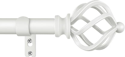 KAMANINA Curtain Rods for Windows 66 to 120 Inch, 3/4 Inch White Curtain Rod 32 to 115 Inches (2.6-9.6ft) Splicing Adjustable Single Drapery Rod with Twisted Cage Finial