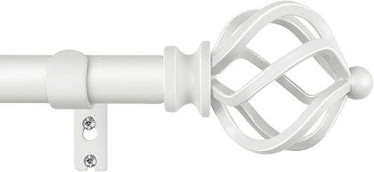 KAMANINA Curtain Rods for Windows 66 to 120 Inch, 3/4 Inch White Curtain Rod 32 to 115 Inches (2.6-9.6ft) Splicing Adjustable Single Drapery Rod with Twisted Cage Finial
