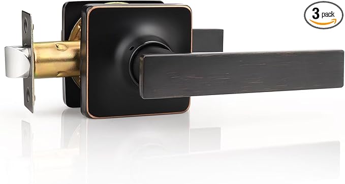 GOBEKOR 3 Pack Oil Rubbed Bronze Door Handle Passage Door Handles with Lock Bronze Keyless Passage Door Levers Interior Lever Door Handle for Closets Square Door Knobs