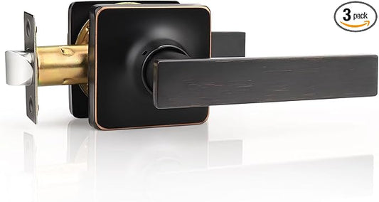 GOBEKOR 3 Pack Oil Rubbed Bronze Door Handle Passage Door Handles with Lock Bronze Keyless Passage Door Levers Interior Lever Door Handle for Closets Square Door Knobs