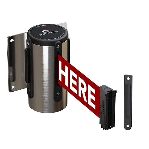 Crowd Control Warehouse - CCW Series WMB-120 Fixed Wall Mount Retractable Belt Barrier - 11 Foot, Red "Please Wait HERE" Belt with Stainless Steel Case, Crowd Control Barriers
