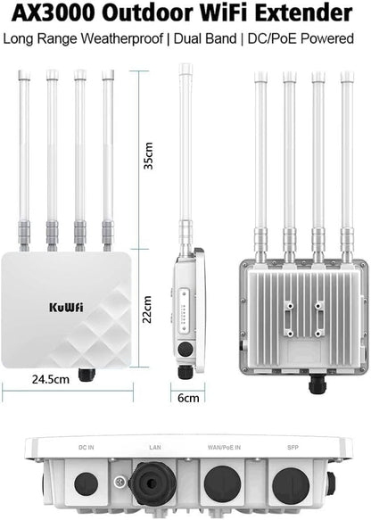 KuWFi Outdoor WiFi 6 Access Point, 3000Mbps Long Range Extender, IP67 Waterproof, PoE+ Powered, Cloud Managed, Supports 256 Users, Ideal for 300-500m Coverage, Compatible with Starlink