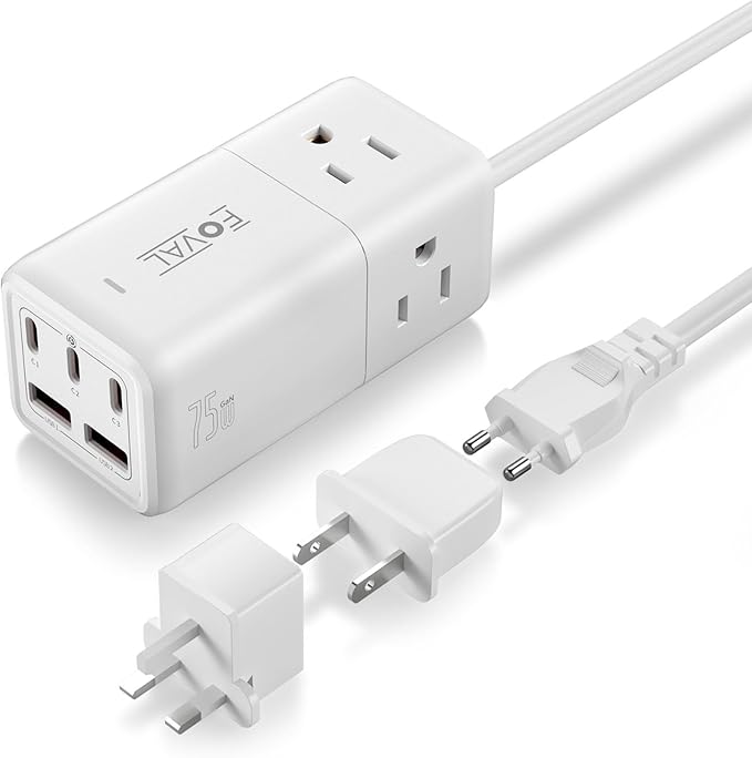 European Travel Plug Adapter, FOVAL US to UK Europe Power Strip 75W USB C Charger with 5 USB Ports, 3 AC Outlets, 5ft Extension Cord, for Spain, France, Ireland, Travel Home Cruise Ship