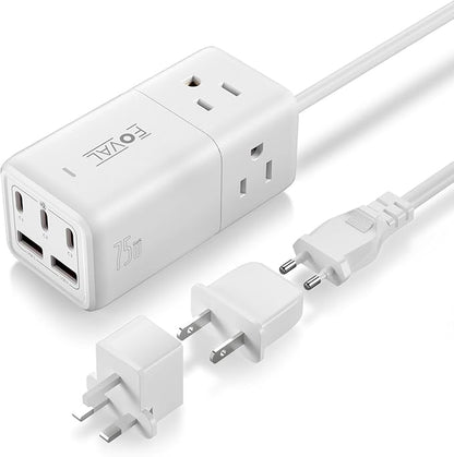 European Travel Plug Adapter, FOVAL US to UK Europe Power Strip 75W USB C Charger with 5 USB Ports, 3 AC Outlets, 5ft Extension Cord, for Spain, France, Ireland, Travel Home Cruise Ship