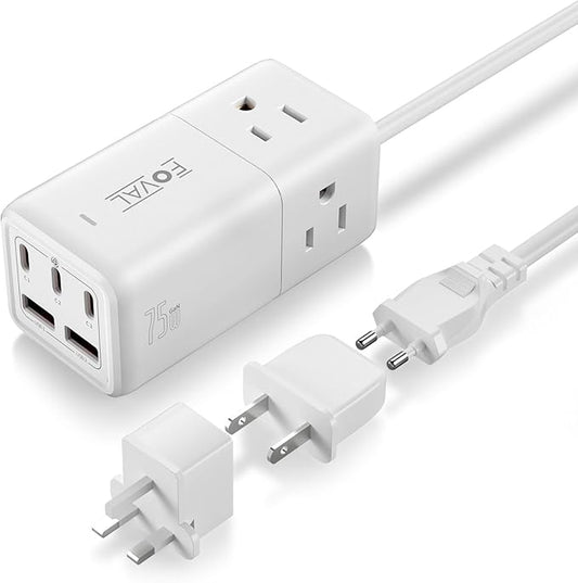 European Travel Plug Adapter, FOVAL US to UK Europe Power Strip 75W USB C Charger with 5 USB Ports, 3 AC Outlets, 5ft Extension Cord, for Spain, France, Ireland, Travel Home Cruise Ship