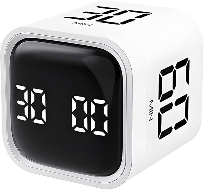 Pomodoro Timer, Cube Productivity Timer with Adjustable Sound and Vibration Alert, Ideal for Work, Office, ADHD, Study, and Tasks - 5/10/30/60 Minutes & Custom Countdown - White