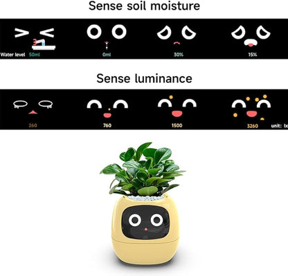 Intelligent flower pot, electronic bud, maintenance plant assistant, fun interactive flower pot, indoor green planting monitoring, LCD screen display, cell phone APP connection (Yellow)
